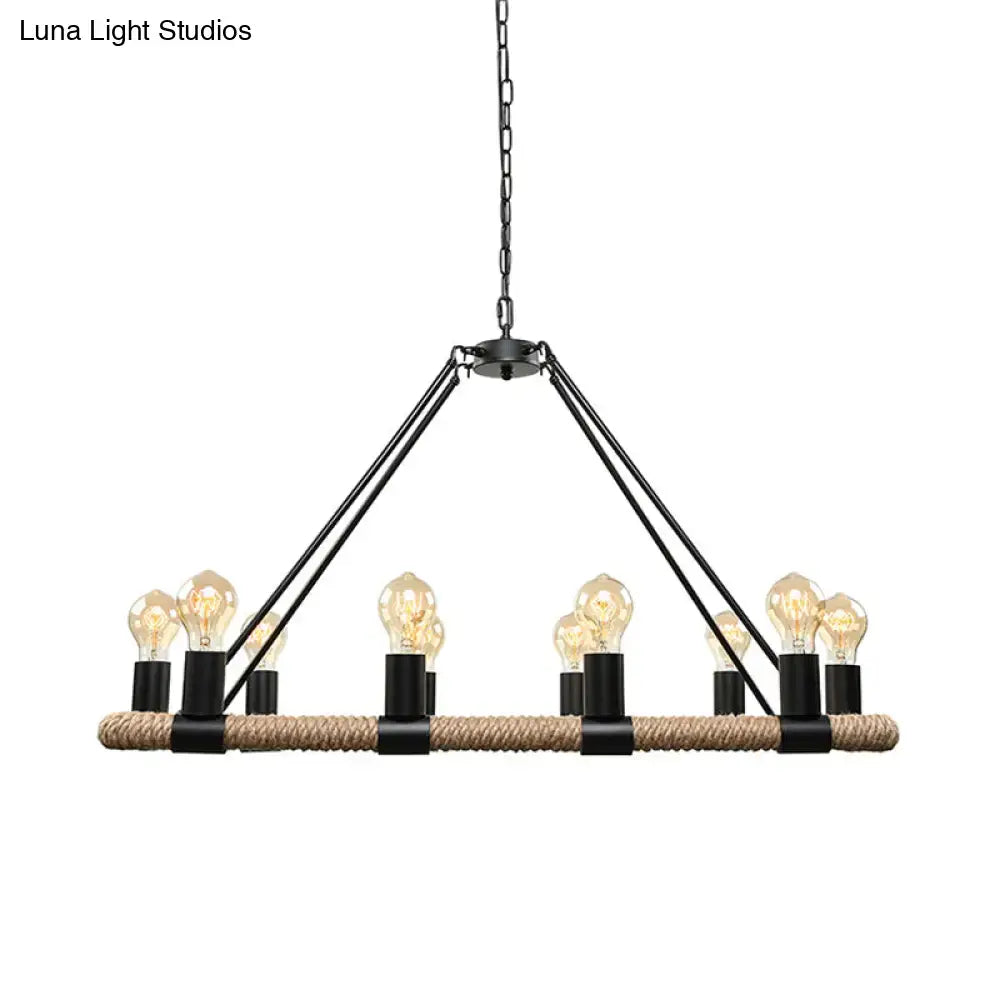 Black metal decorbites 10 bulbs chandelier with rope wrapped bulb base and e26 e27 filament bulbs in rectangular frame fixture