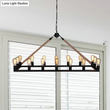 Industrial-style decorbites™ 10 bulbs chandelier lighting with black metal rectangular frame, rope detail, and e26 e27 bulb base