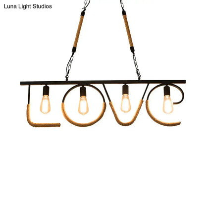 Decorbites™ industrial metal and rope island lamp beige finish with love design and chain cord length for 4 bulbs