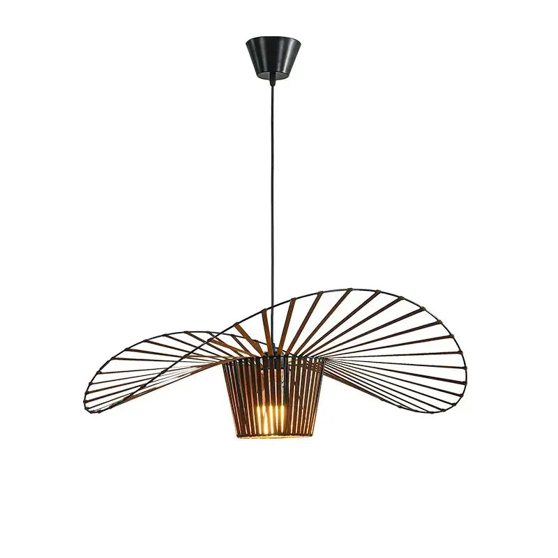 Industrial black metal art hat led chandelier with fan-like openwork design and warm bamboo accents for dining room decorbites industrial art