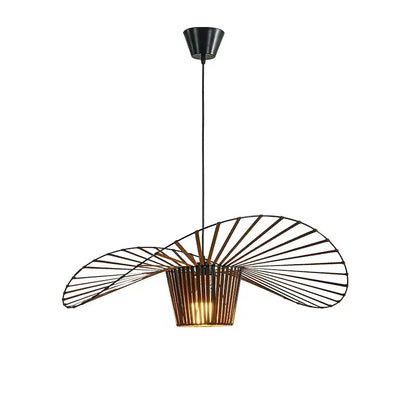 Industrial black metal art hat led chandelier with fan-like openwork design and warm bamboo accents for dining room decorbites industrial art