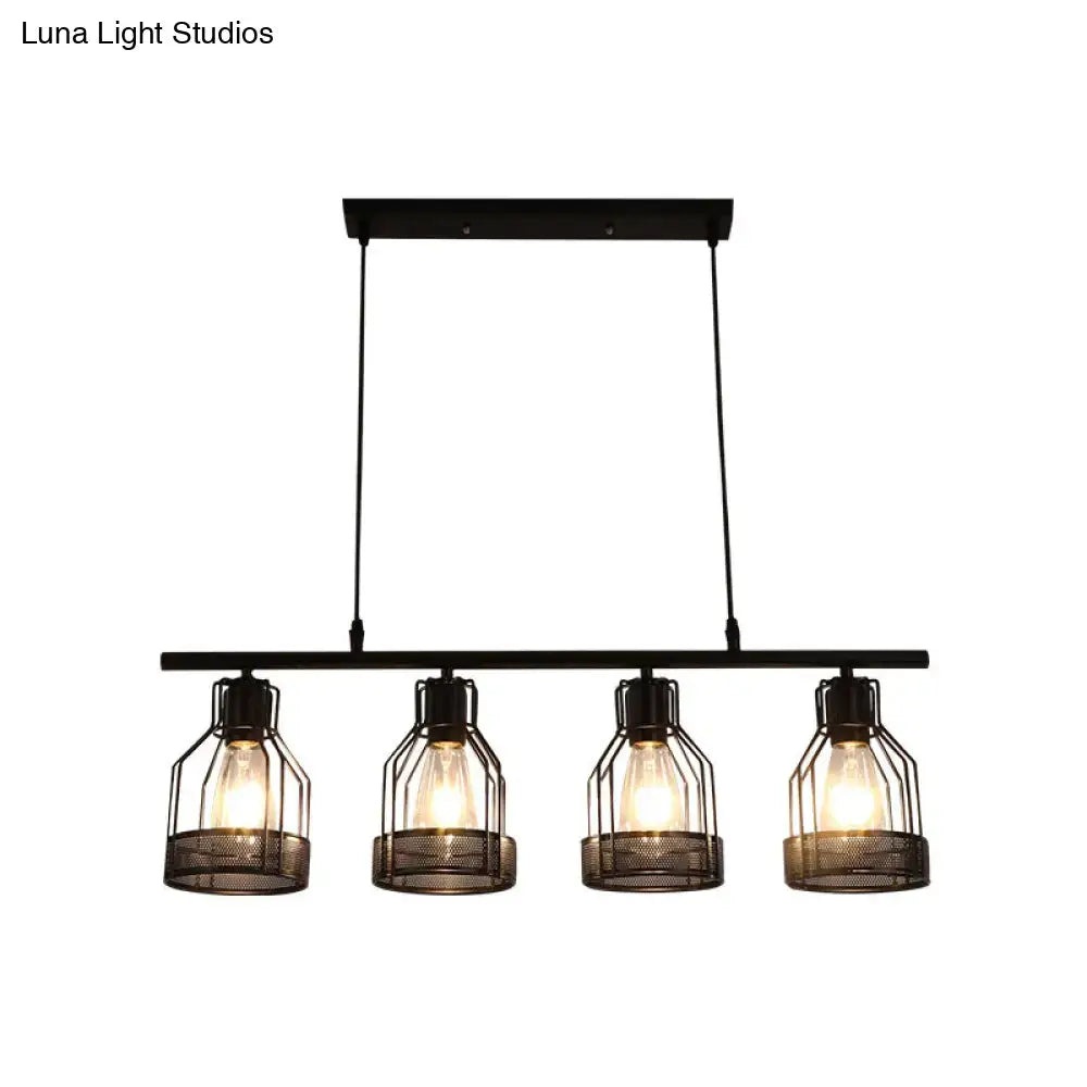 DecorBites™ industrial metal bar chandelier in black with four bird cage filament bulb fixtures for island lighting