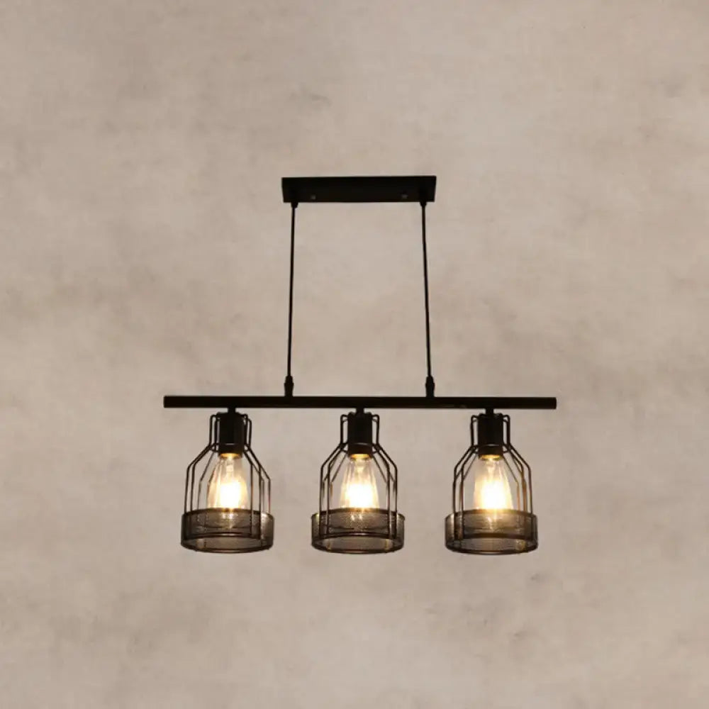 Decorbites industrial metal bar chandelier featuring black birdcage pendant lights with exposed filament bulbs