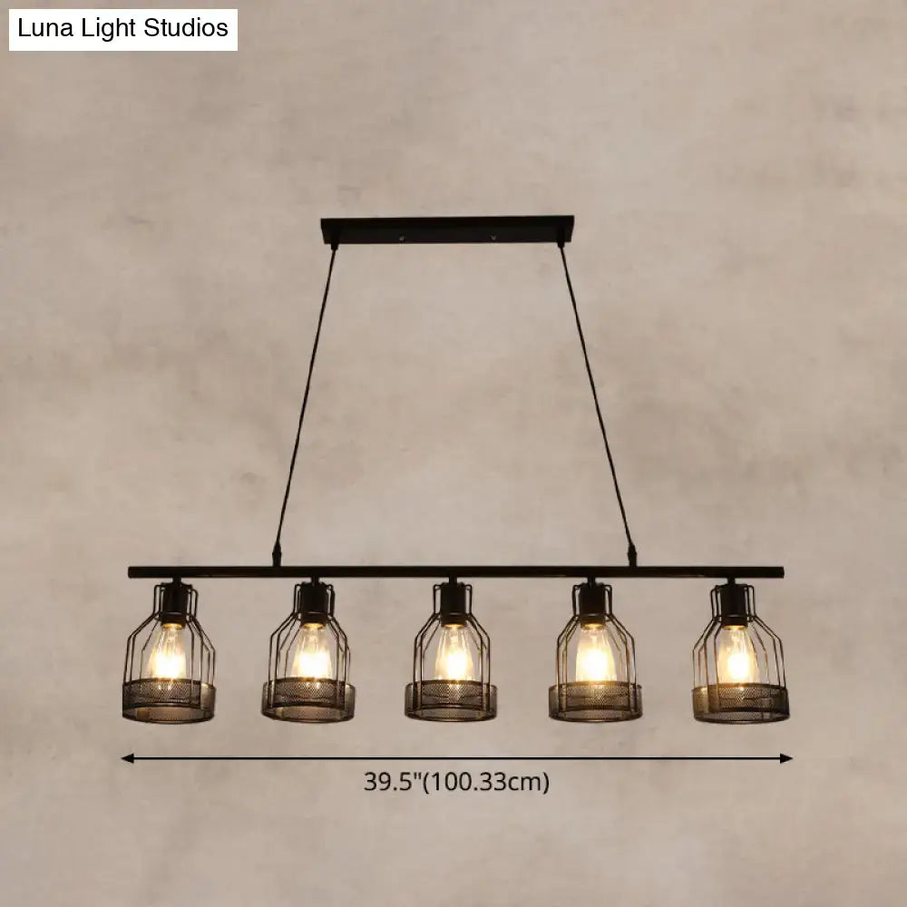 Decorbites industrial metal bar chandelier in black with five bird cage glass shades and exposed bulbs for island lighting