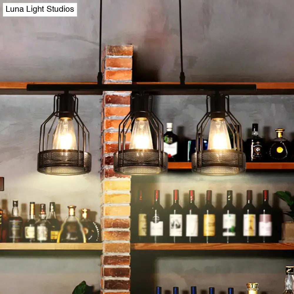 DecorBites™ industrial metal bar chandelier featuring black bird cage pendant lights with exposed filament bulbs