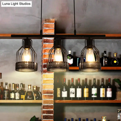 DecorBites™ industrial metal bar chandelier featuring black bird cage pendant lights with exposed filament bulbs