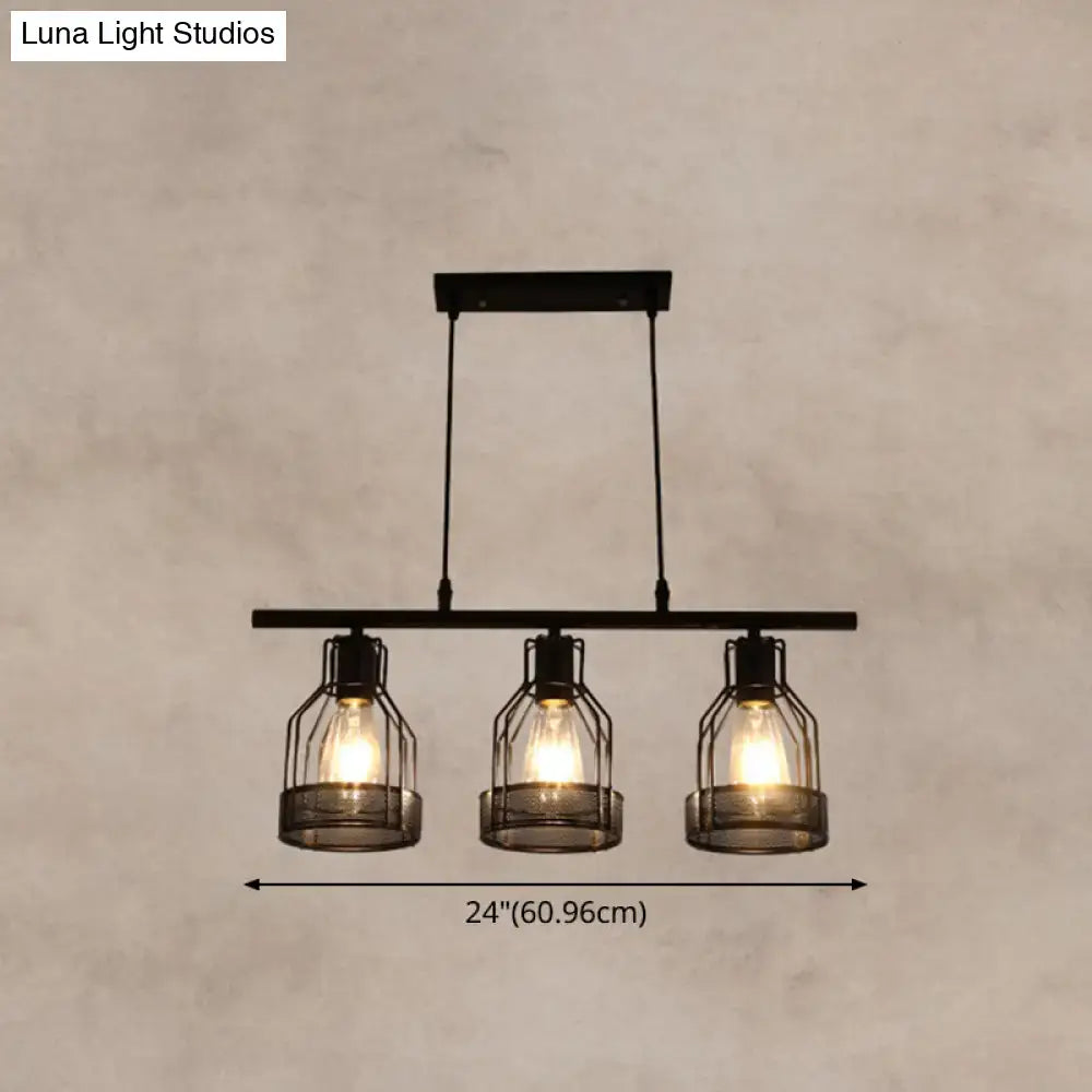 DecorBites industrial metal bar chandelier in black with three exposed bulbs in bird cage glass shades for island lighting