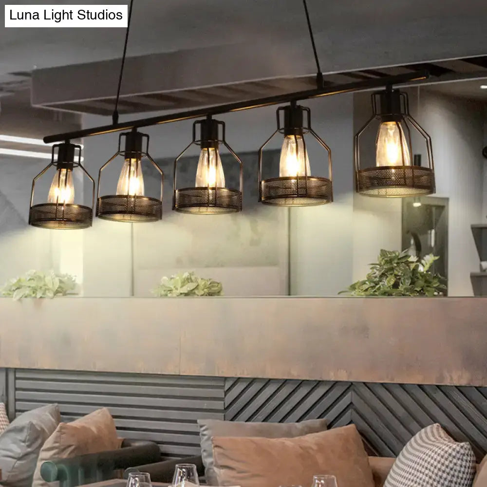 Decorbites™ industrial metal bar chandelier in black with four exposed edison bulbs and bird cage mesh shades