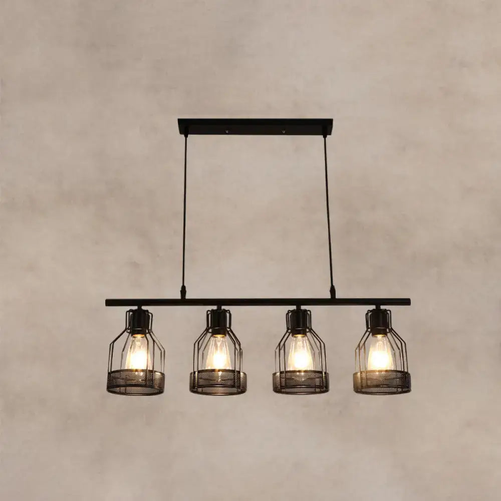 DecorBites industrial metal bar chandelier in black with four exposed Edison bulbs in bird cage wire mesh fixtures