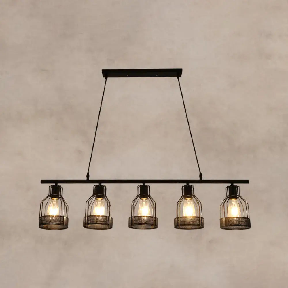 DecorBites industrial metal bar chandelier in black features five bird cage glass shades for island lighting