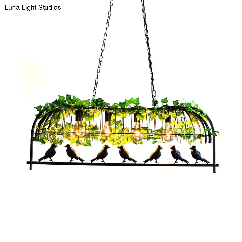 Decorbites industrial black metal ceiling light with bird accents green ivy and exposed bulb for dining room lighting