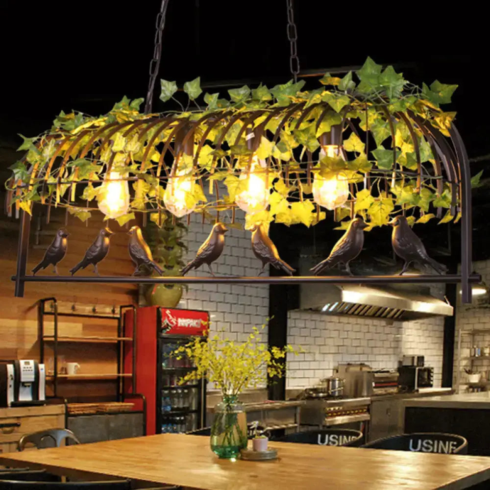 Wrought iron ceiling light with green ivy and black bird figurines industrial pendant for dining room lighting