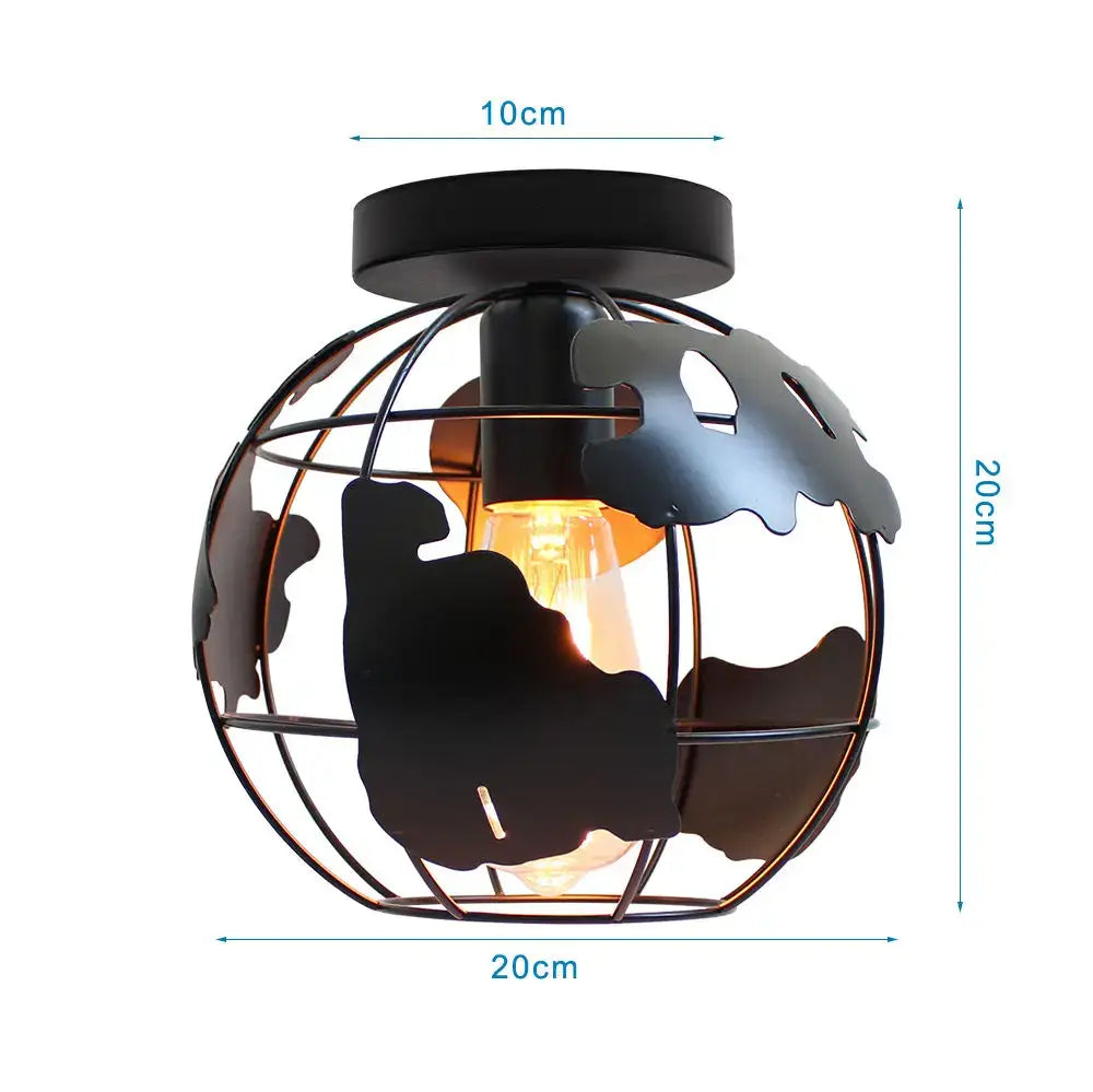 Industrial black metal globe ceiling light with continent cutouts and visible filament bulb for decorbites industrial led ceiling
