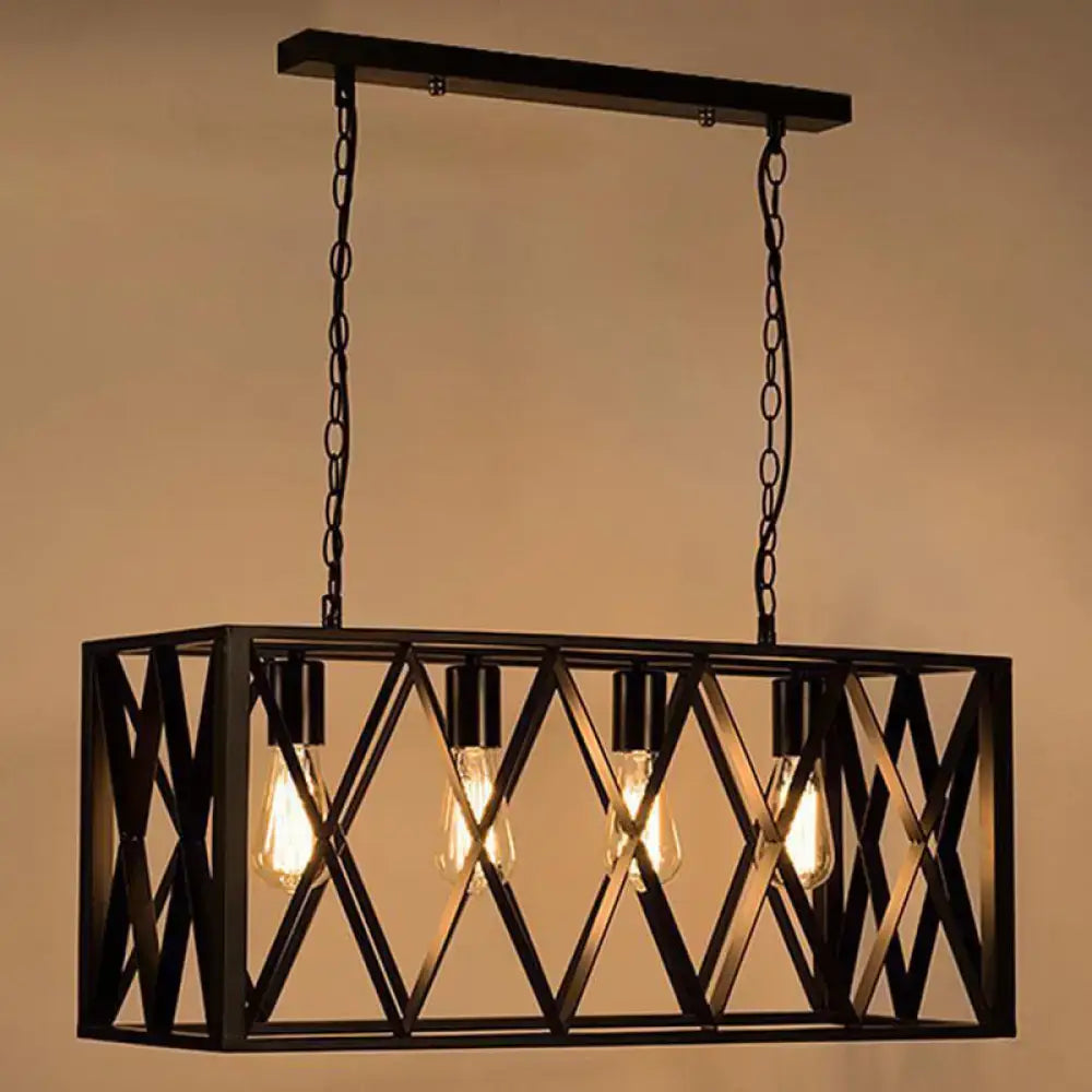 Black metal rectangular pendant light with diamond patterned frame and four exposed edison bulbs for coffee shop use 220v-240v 110v-120v