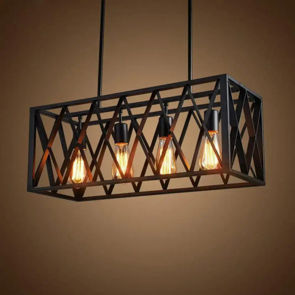 Black metal rectangular pendant light with geometric lattice design and four exposed edison bulbs for coffee shop use 220v-240v 110v-120v