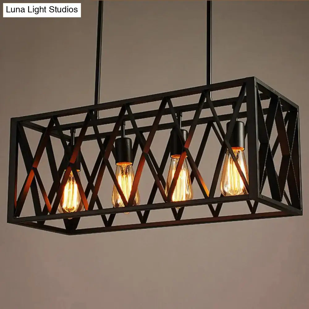 Decorbites™ industrial metal cage pendant light in black with four exposed edison bulbs for coffee shop use 220v-240v 110v-120v