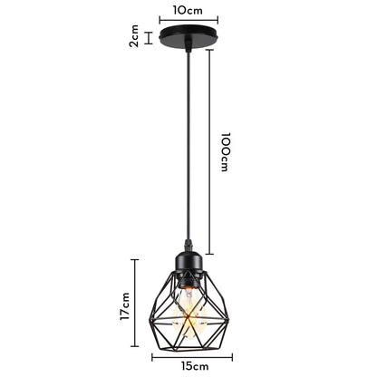 Industrial black metal cage mini pendant light with geometric wireframe design and exposed bulb for dining room