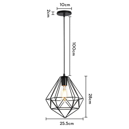 Industrial black metal mini pendant light with diamond-shaped cage design and exposed bulb for dining room use