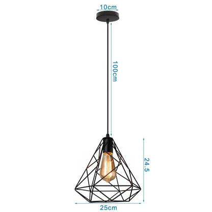 Industrial black metal mini pendant light with geometric diamond cage and exposed filament bulb for dining room use