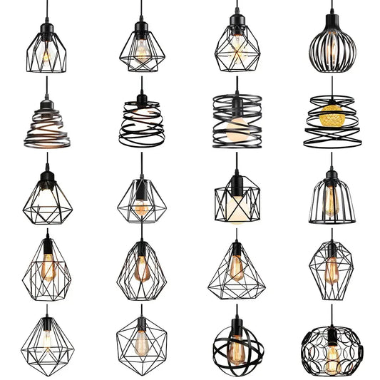 Industrial black metal cage mini pendant light with exposed filament bulbs for dining room pendant lighting