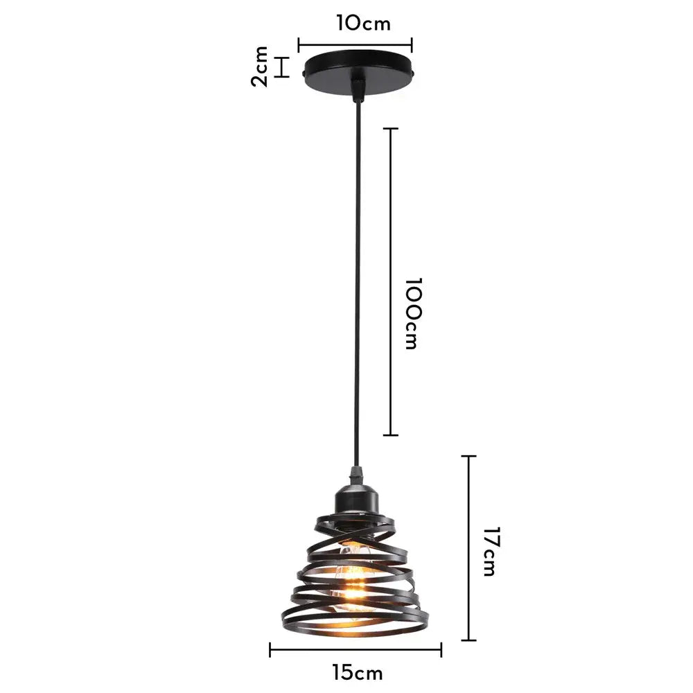 Industrial black metal cage mini pendant light with 10cm circular ceiling mount and illuminated bulb inside for dining room