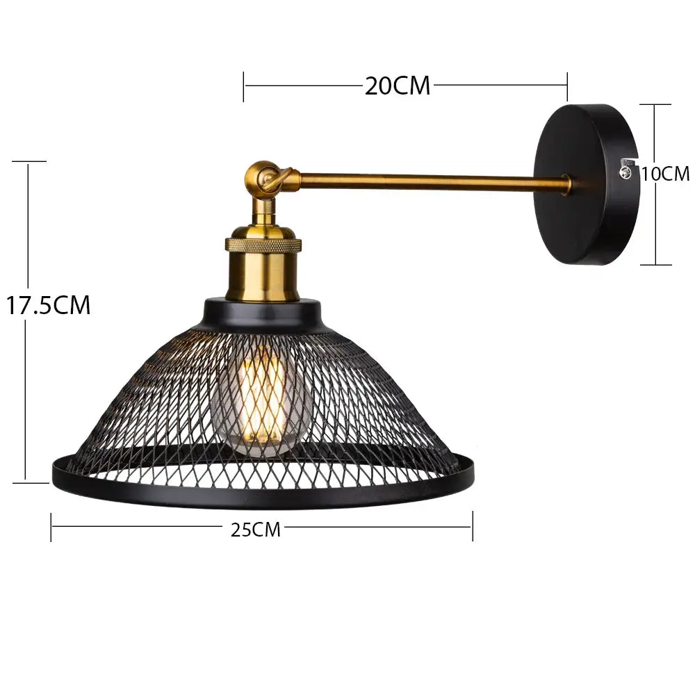 Industrial black metal cage wall lamp with brass finished arm and conical mesh shade by decorbites black metal