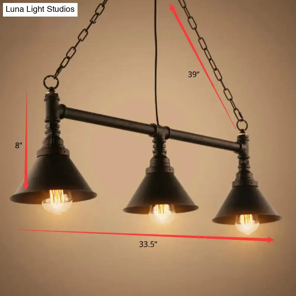 DecorBites™ industrial conical 3-head black hanging ceiling light with black metal pendant shades for restaurants