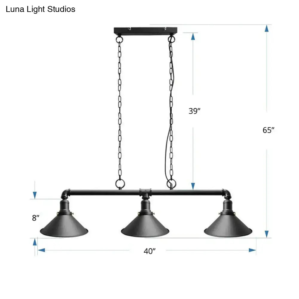 Decorbites™ industrial conical 3-head black hanging ceiling light with black metal pendant shades for restaurants