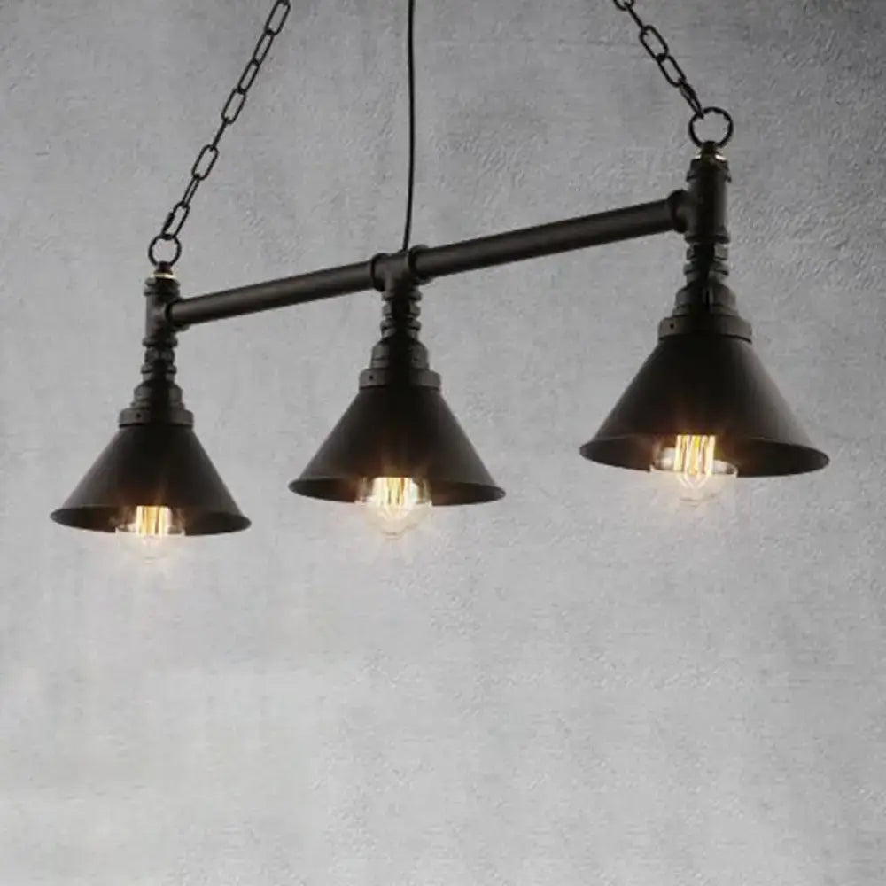 Decorbites industrial conical 3-head black hanging ceiling light with black metal shades and exposed filament bulbs for restaurants