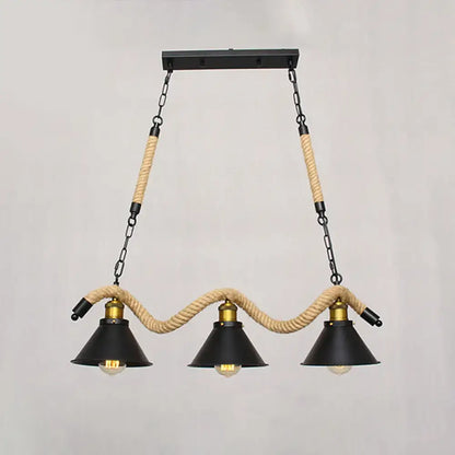 Decorbites™ industrial metal conical island ceiling light with black conical shades, brass fixtures, and wavy hemp rope accents