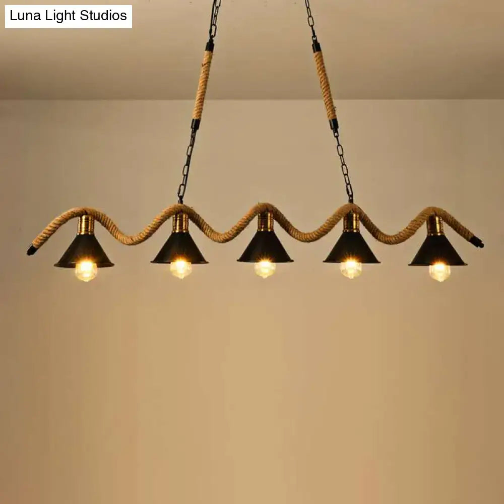 DecorBites™ industrial metal conical island ceiling light bar pendant with five black shades and wavy hemp rope suspension