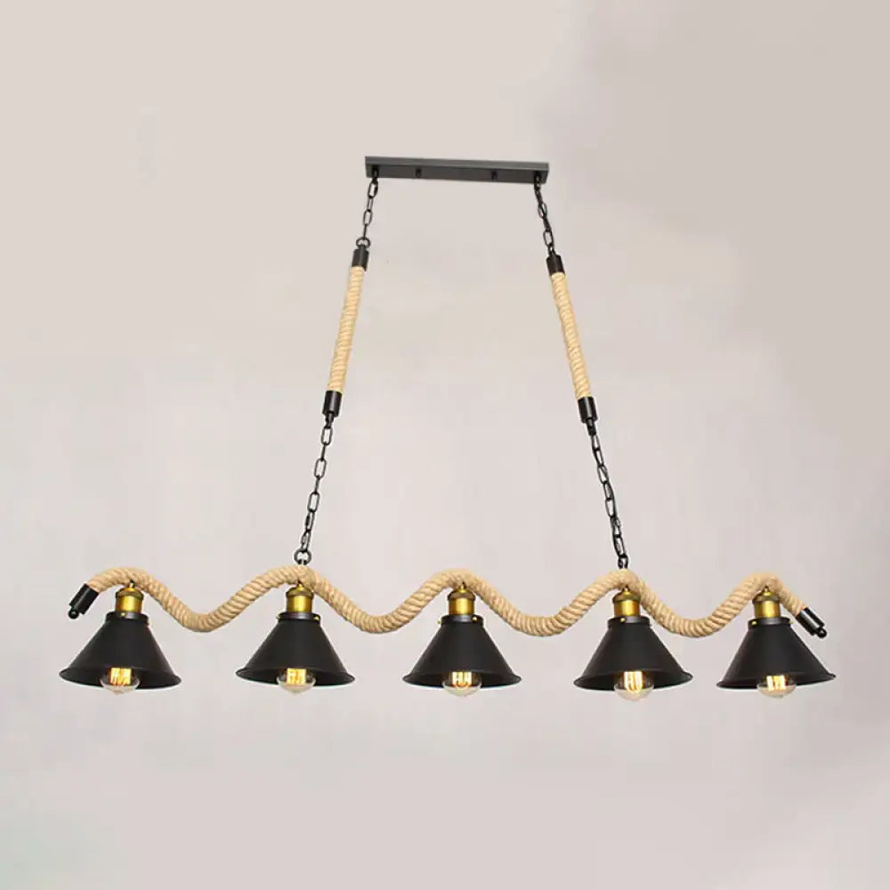 Decorbites industrial metal conical island ceiling light with five black metal shades, brass accents, and hemp rope suspension
