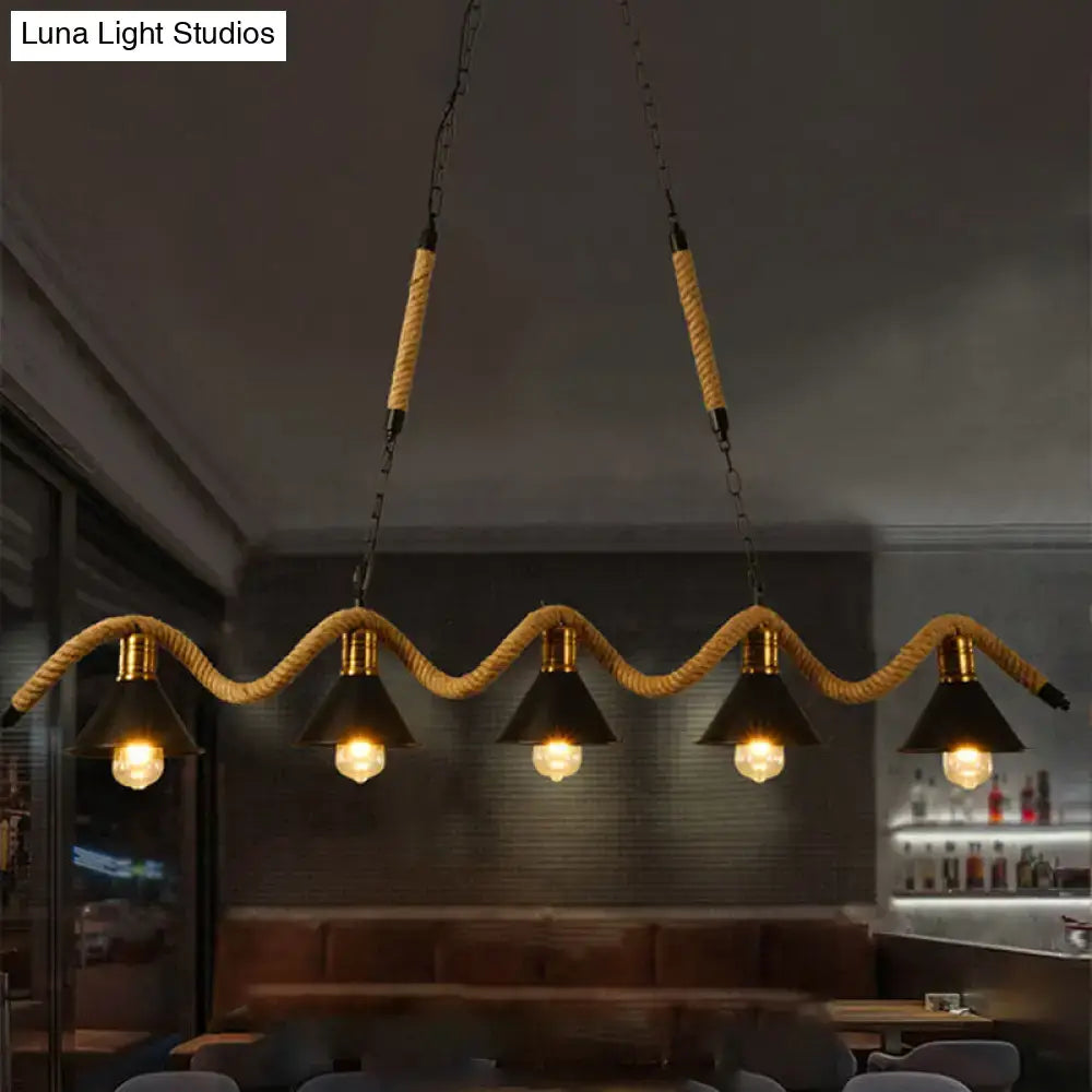 Decorbites industrial metal conical island ceiling light with five black shades and wavy hemp rope suspension
