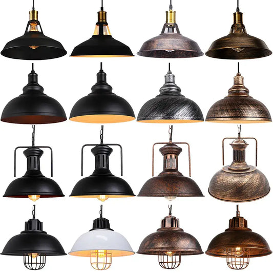 Industrial black metal dome pendant light with matte black, distressed bronze, and white metal finishes for kitchen use
