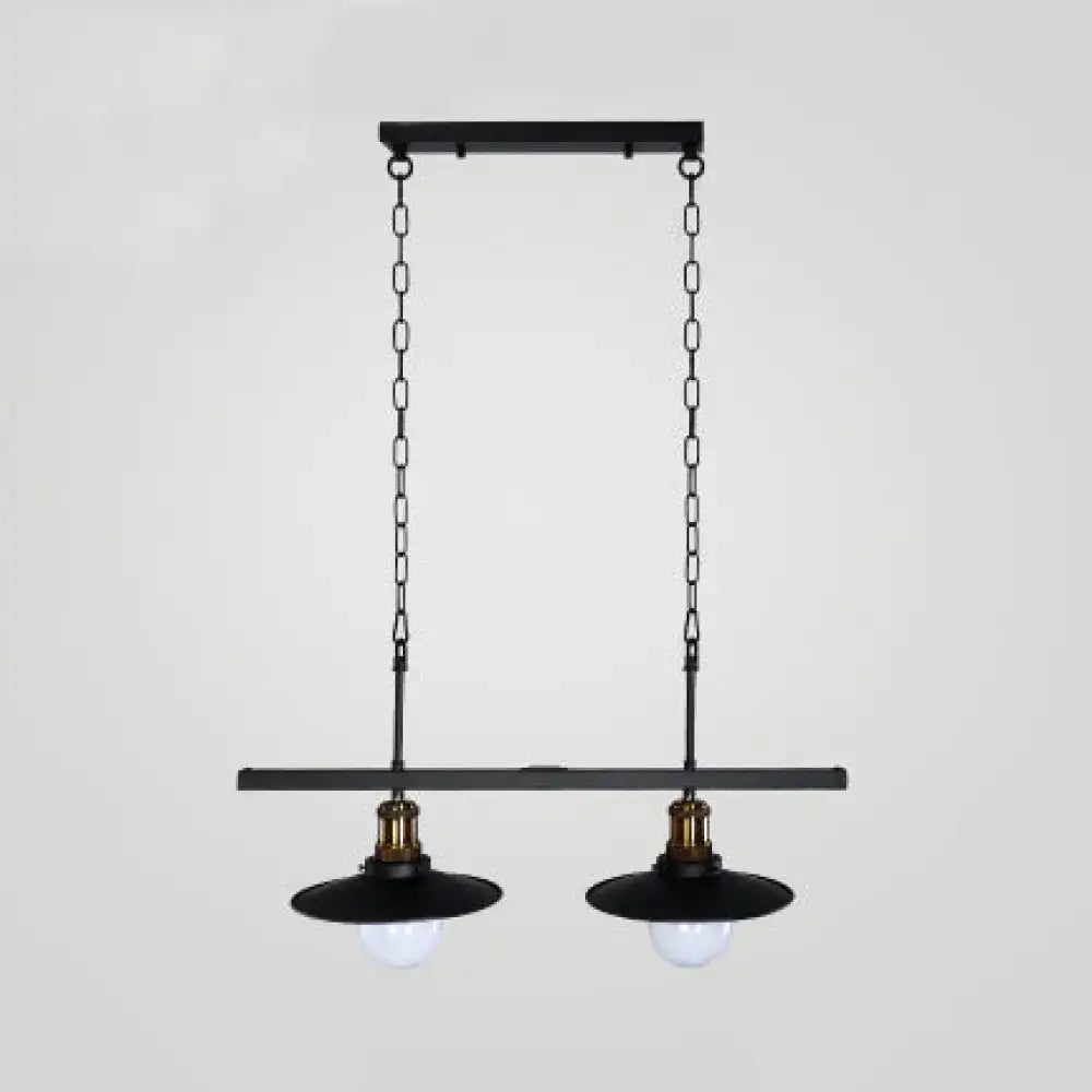 Decorbites industrial flared metal ceiling light in black features two exposed bulbs with brass accents and adjustable chain height