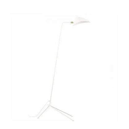 White minimalist floor lamp with slender metal frame and conical shade for decorbites black serge mouille living room