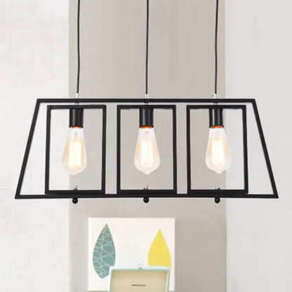 Decorbites™ industrial metal hanging pendant light fixture with trapezoid frame and three exposed edison bulbs in black