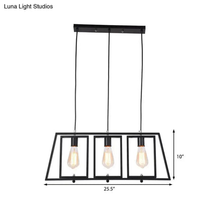 Black metal hanging pendant light with trapezoid frame and three exposed edison bulbs for kitchen island lighting