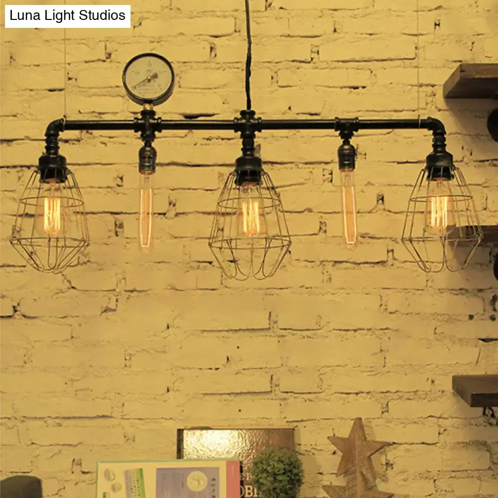 DecorBites industrial metal piping ceiling light in black with wire guard and led incandescent filament bulbs for dining room