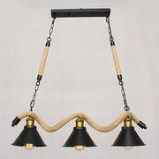 Industrial black metal island chandelier with three conical shades brass fixtures and natural rope-wrapped chains