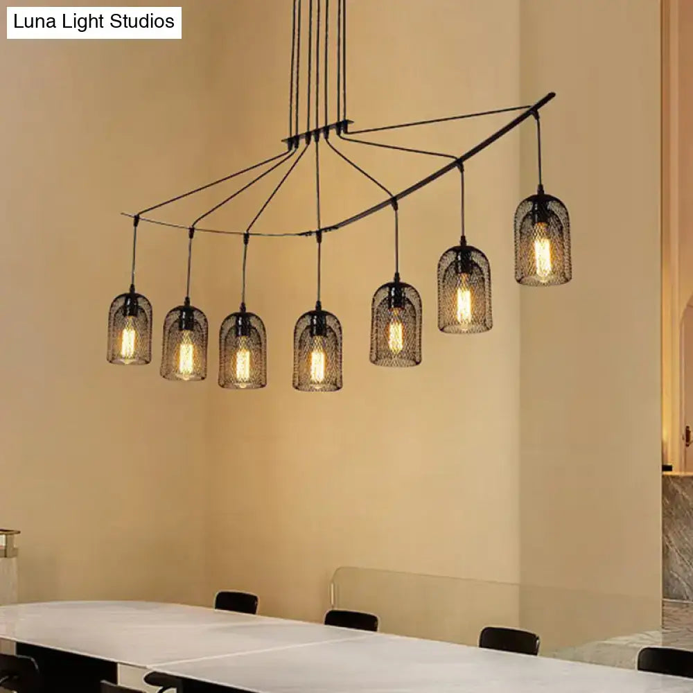 DecorBites industrial black metal hanging ceiling lamp with six cage-style glass mesh bell shades