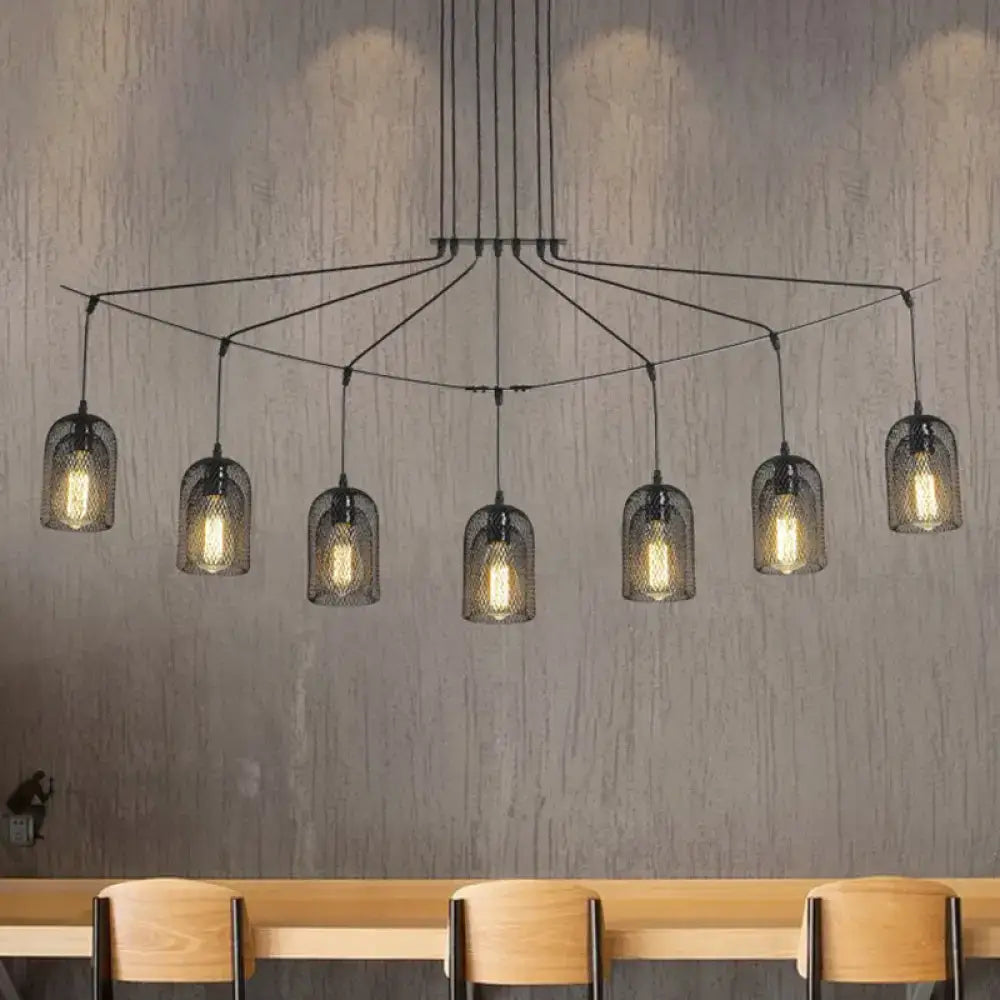 DecorBites industrial black metal hanging ceiling lamp with six glass cage shades and warm-toned bulbs