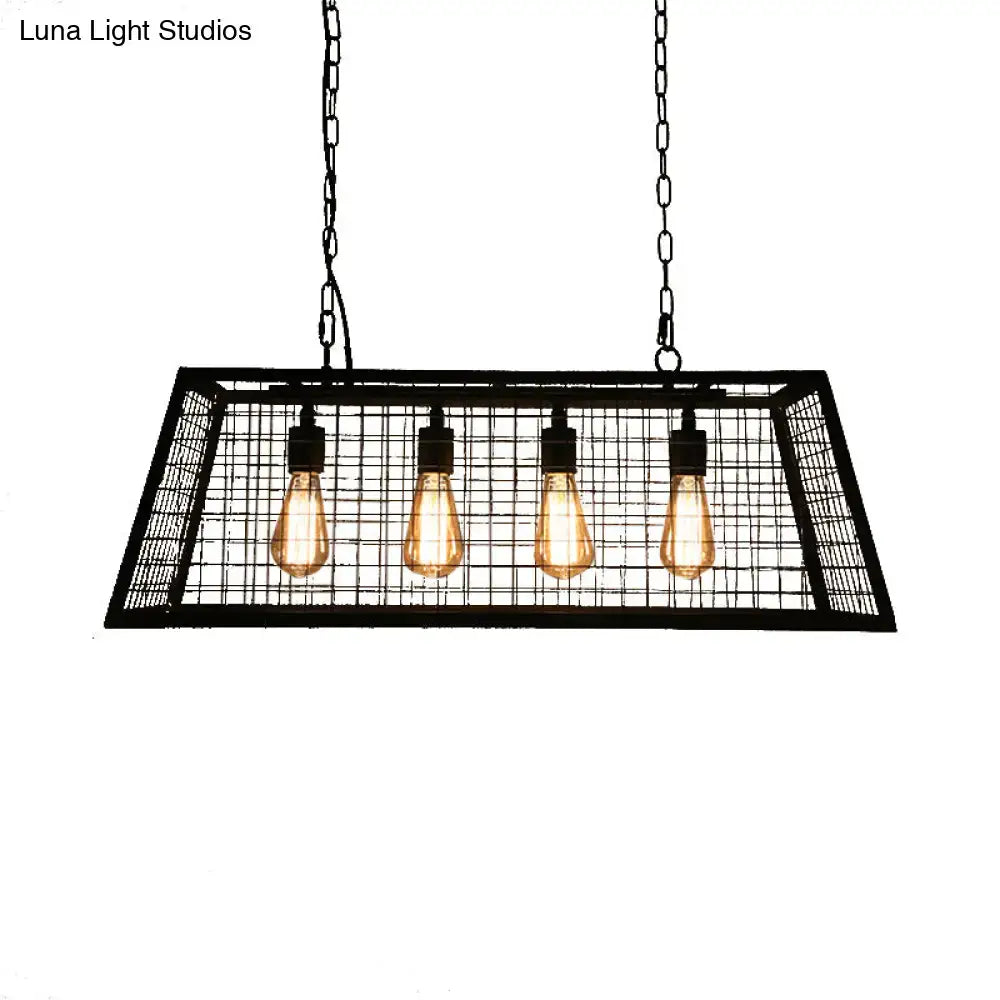 Decorbites vintage black metal pendant lamp with trapezoid cage and four amber filament bulbs for island pendant lamp use