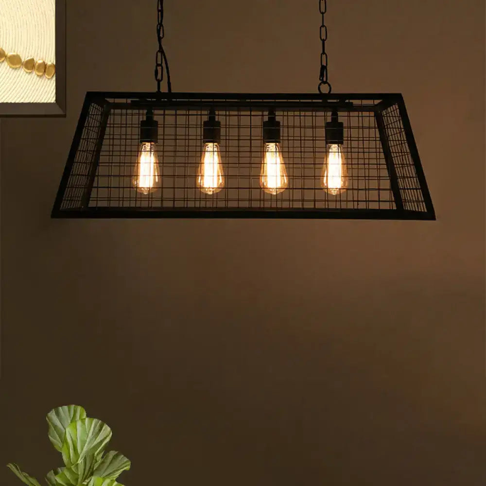 DecorBites™ vintage stylish black metal pendant lamp with trapezoid cage and four glowing edison bulbs for island use