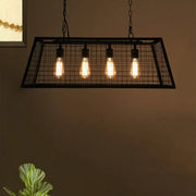 DecorBites™ vintage stylish black metal pendant lamp with trapezoid cage and four glowing edison bulbs for island use