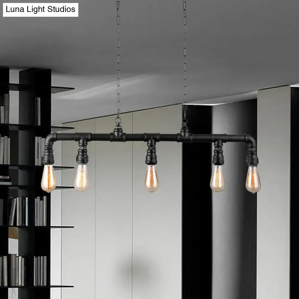 Industrial-style black metal island pendant light with four exposed filament bulbs and five pipes by decorbites