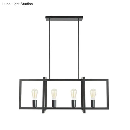 Black metal rectangular 4-head industrial metal pendant ceiling light with exposed edison-style bulbs for living room