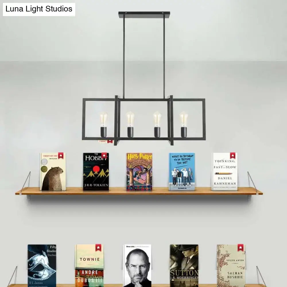 Black metal rectangular industrial metal ceiling light with three exposed bulbs for living room heads island pendant