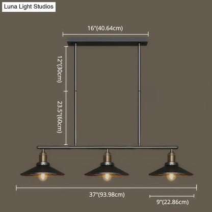 Industrial black metal island pendant with three cone shade lights and brass accents for dining room illumination