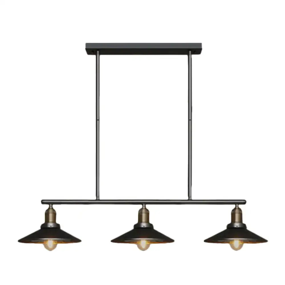 Industrial black metal island pendant with cone shade and three vintage edison bulbs for dining room lighting